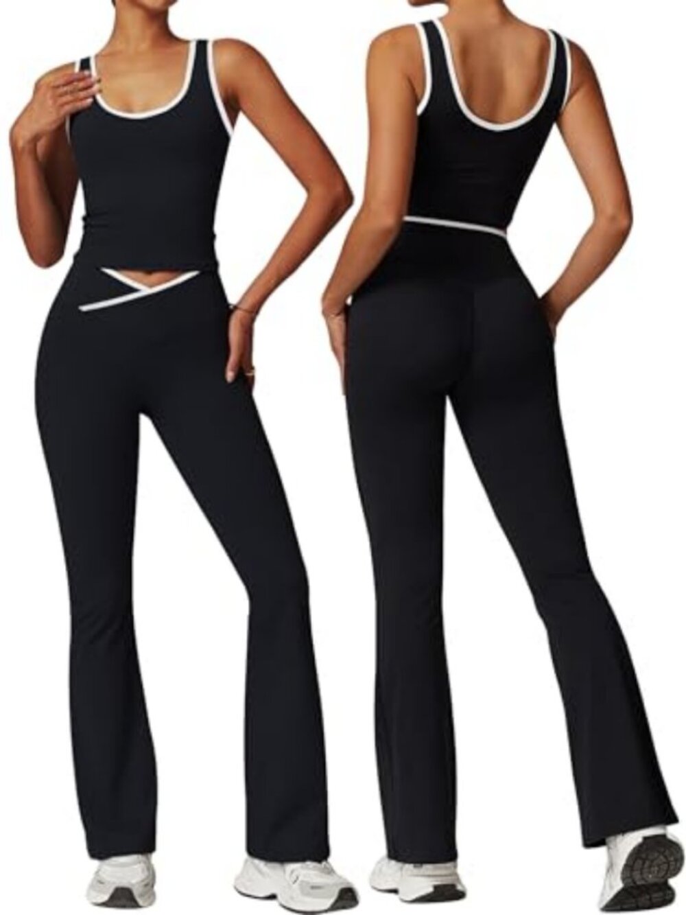 2 Piece Workout Set Crossover Flare Leggings Crop Tank Top Contrast Trim